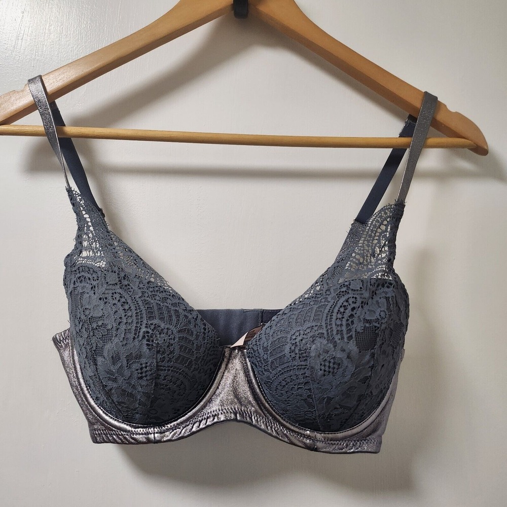 Victoria's Secret Dream angel metallic gray and denim blue lace  bra‎ 32DD